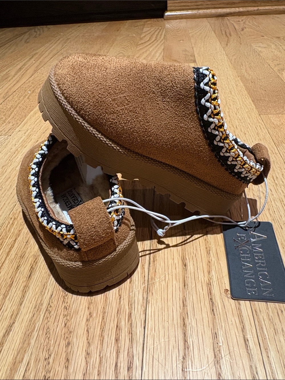 American Exchange Tan Suede Slip-On Platform Clog with Braided Trim toddler shoe